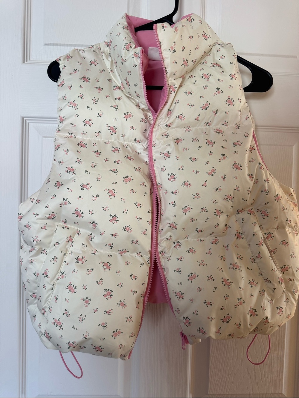 Cream Floral Puffer Vest with Pink Trim
